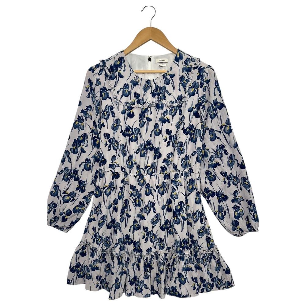 Jason Wu Dress Womens 10 White Blue Silk Floral Ruffle Mini Long Sleeve Designer